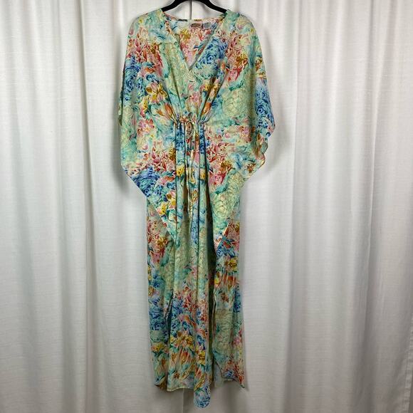 Collections Etc. Vintage Tropical Turtle Floral Caftan MuMu Cover Up Sz.OS - Picture 1 of 11